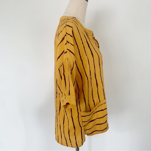 Silver Wishes Short Sleeve Oversized Mustard Purple Print Button Down Top Size 8 - Picture 2 of 4